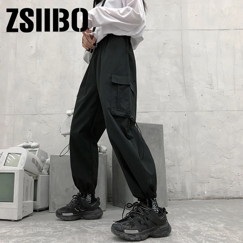 Женские свободные брюки с высокой талией армейские шаровары уличные черные