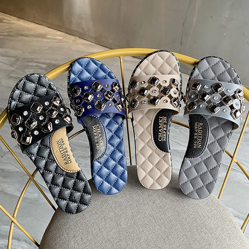 Сланцы женские с кристаллами Нескользящие шлепанцы плоская подошва летняя