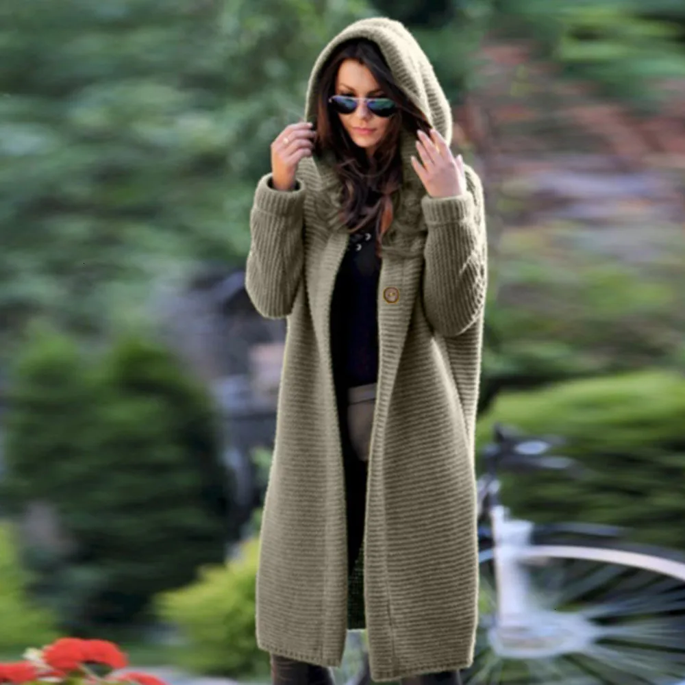 Hooded Cashmere Long Cardigan Women Long Sleeve Winter Sweater Knitted Female Woman Sweater Pocket Cardigan Feminino Coat