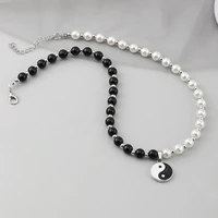 punk gothic black white round pearl beads yin yang taichi pendant necklace for women couple gift women mens choker jewelry