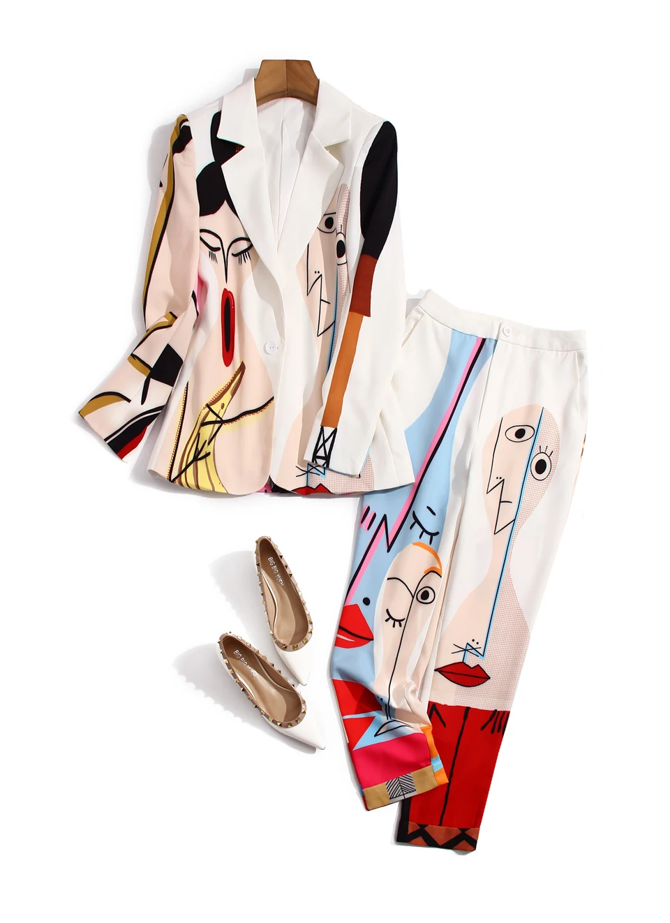 

Designer Autumn New Women'S Sets Graffiti Print Lapel Suit Jacket And Casual Slim Pants Vintage Elegant Fashion Two Piece Set