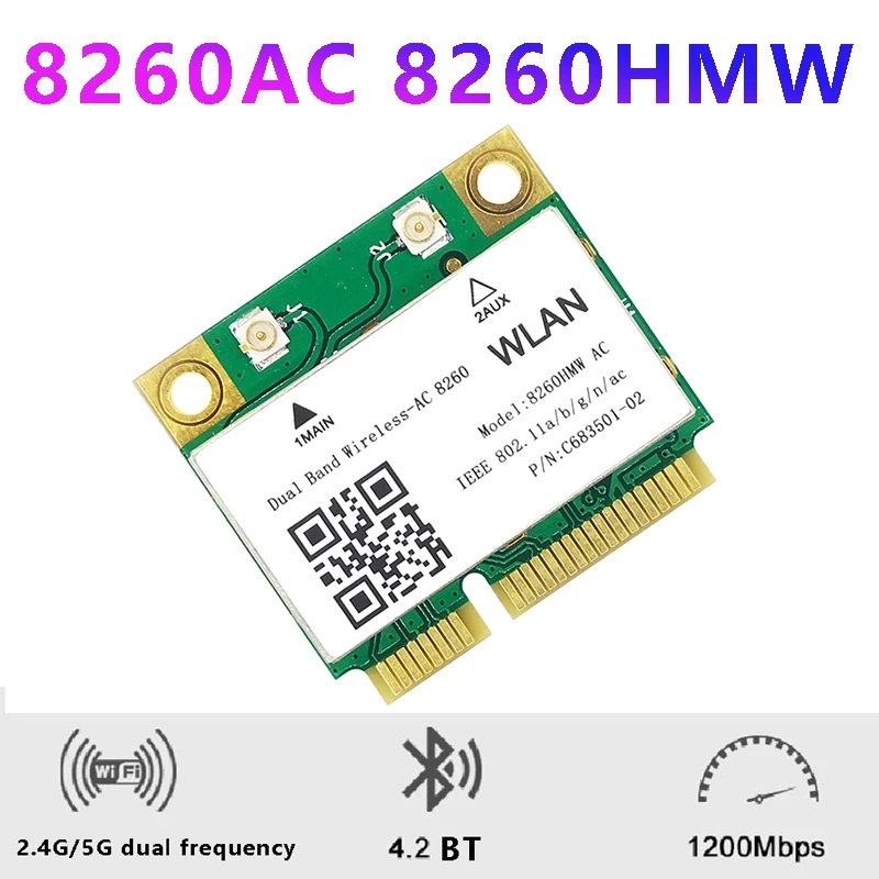 

WiFi Card 8260AC 802.11AC 1200M Mini PCI-E 2.4G/5G Dual Band Bluetooth 4.2 for Win7 Win 8 Win 10