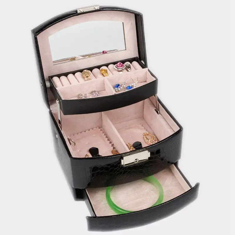 Automatic Leather Jewelry Box Three-layer Storage For Women Earring Ring Cosmetic Organizer Casket Decorations(Black) | Дом и сад