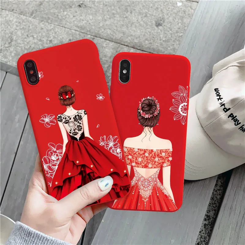 

for iphone X XS MAX 12 7 7plus 8 8Plus 11 13 Pro 11Pro Max SE 2020 XR Red Beautiful Wedding Dress Girl rubber soft Phone Case