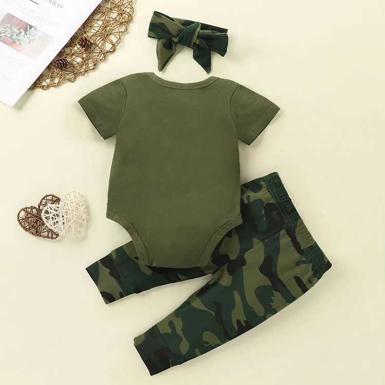 

Newborn Infant Baby Girls Boys Clothes Sets Letter Print Short Sleeve Romper Tops Camouflage Pants Hats/Headband Dropshipping