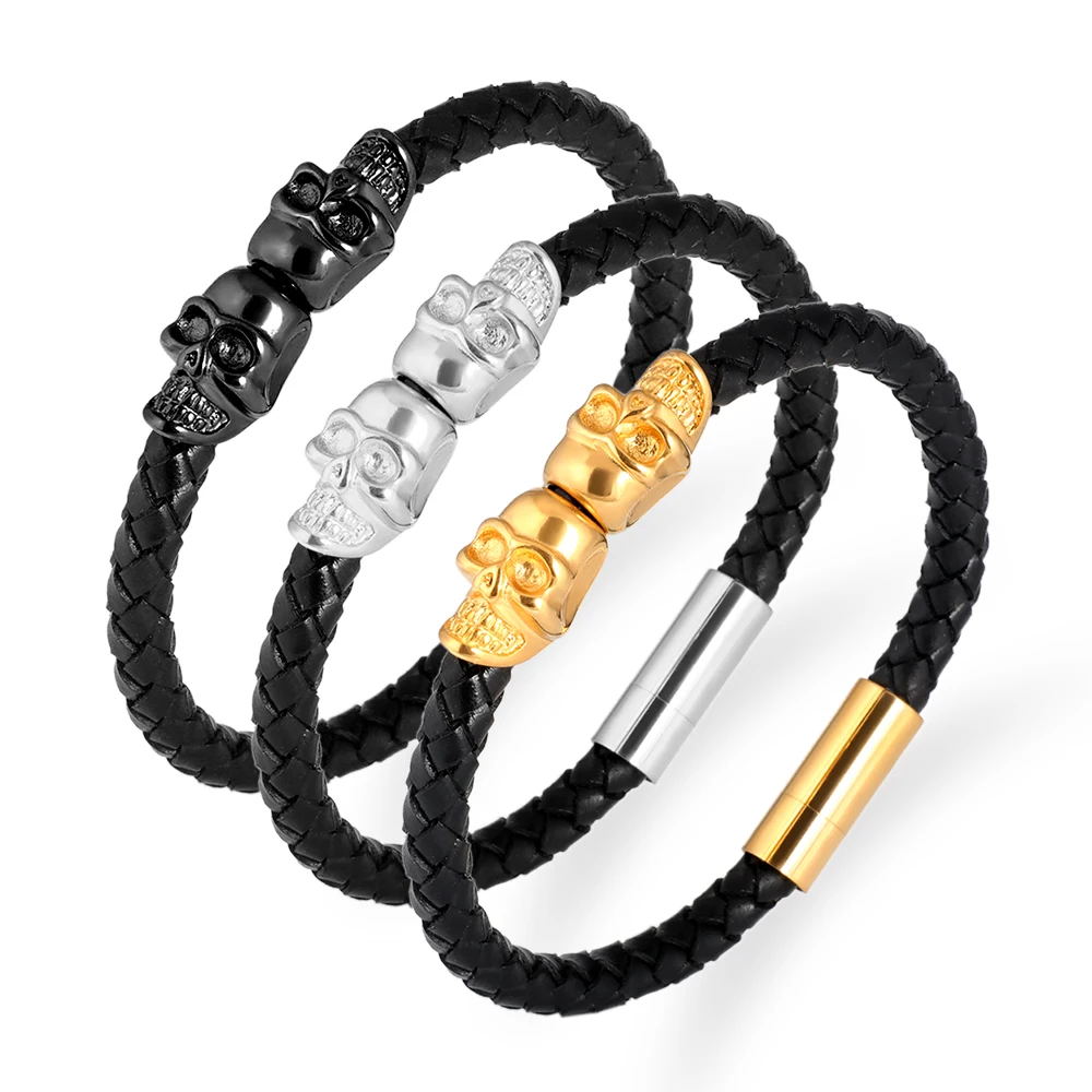 

Good Quality Genuine Nappa Leather Stainless Steel Black /Gold/Sliver Twin Skull Bracelets Bangles For Man Women Jewelry Gifts
