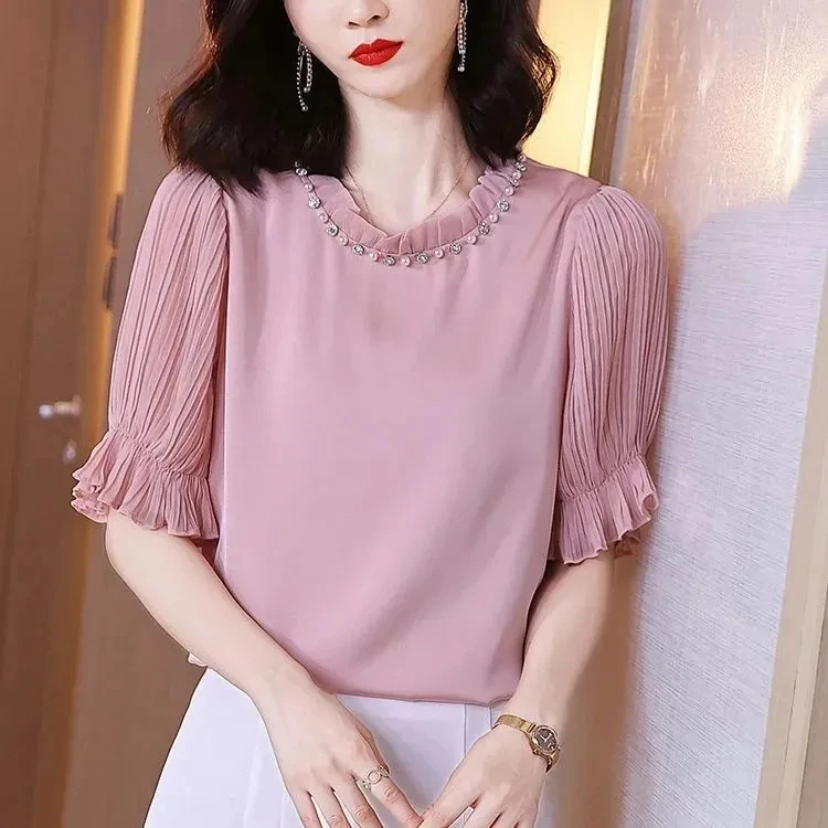 Chiffon shirt summer 2021 new Korean version loose cover belly is thin temperament round neck pink gentle blouse women