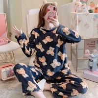 flannel pajamas women winter han edition long sleeved thickening and velvet coral fleece leisurewear suit in the fall and winter