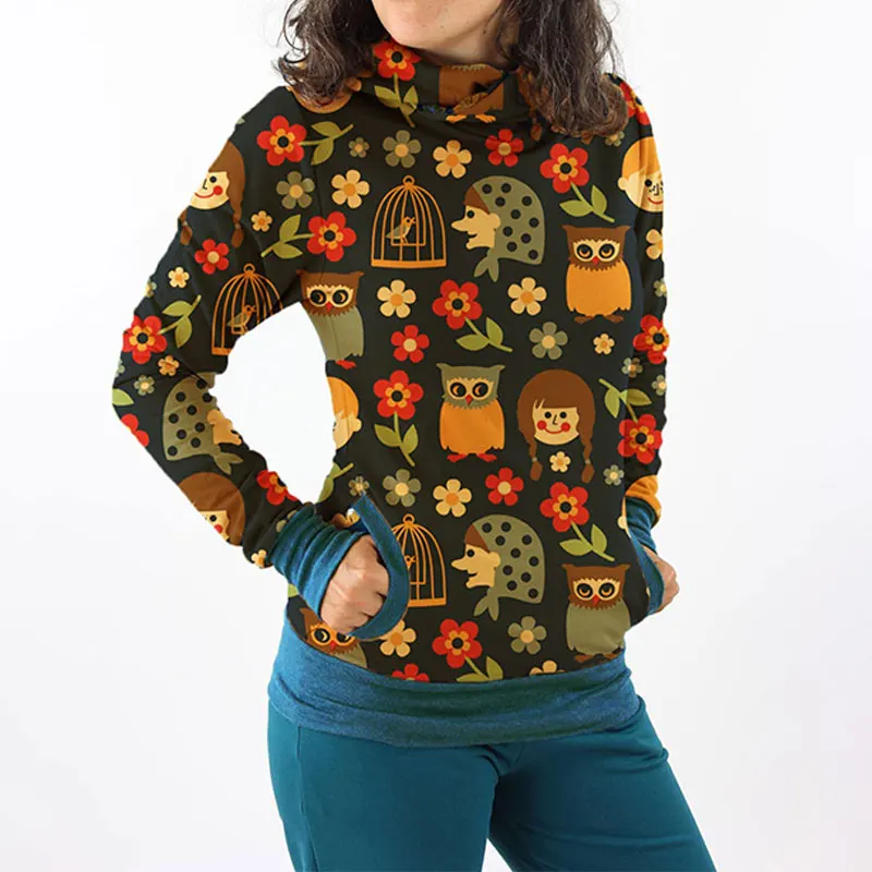

European Women Cartoon Animal Owl Printed Hoodie Sweatshirt Vintage Hoodies Long Sleeve Hoody Pullover Hoodies With Hooded