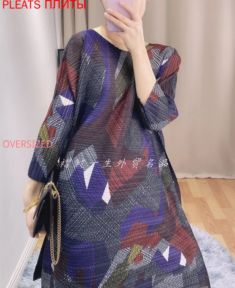 

2021 New Spring Printing Women Loose Dress Miyak Pleated Fashion O-neck Large Size 3/4 Sleeve Female Dresses Pleats Vestido