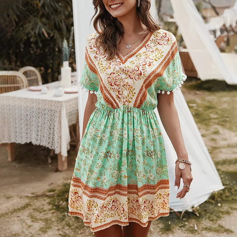 

New Womens Sexy Short Dress V Neck Ladies Dresses 2021 Casual Printing Female Dress High Waist Button Bohemian Clothing WT70033