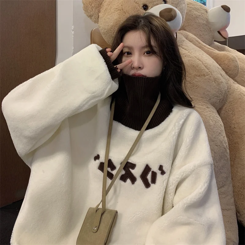 

Свитер-водолазка из бархата ягненка с имитацией двух частей, милый женский Зимний пуловер с японским принтом шрифтов, винтажный Топ с длинн...