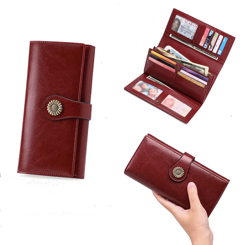 Женский Длинный кошелек в европейском и американском стиле из вощеной кожи