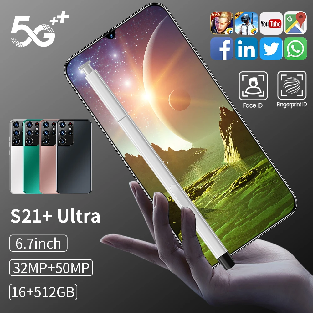 

New S21 Ultra Global Version Smartphone Face Unlocked 10 Core 16GB 512GB 32MP 50MP Snapdragon 888 6.7 Inch 6800mAh Mobile Phone
