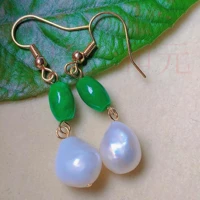 fashion natural white round fresh water pearl green jade gold earrings gift ear stud classic mothers day thanksgiving cultured