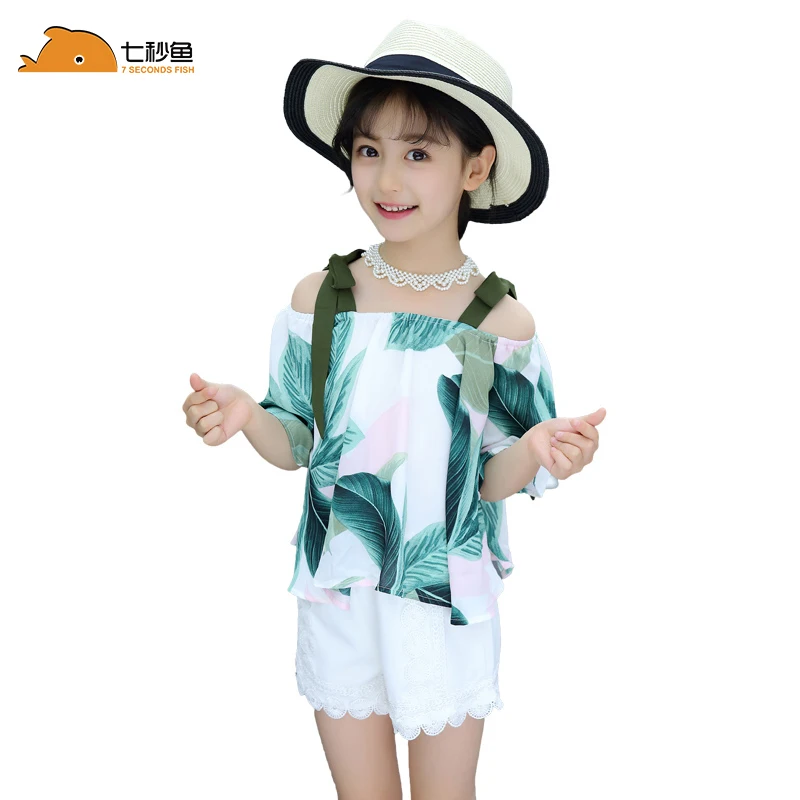 

Girls Summer Clothes Set Floral 2023 Off Shoulder Top + Shorts Fashion 6 8 10 12 Years Enfant