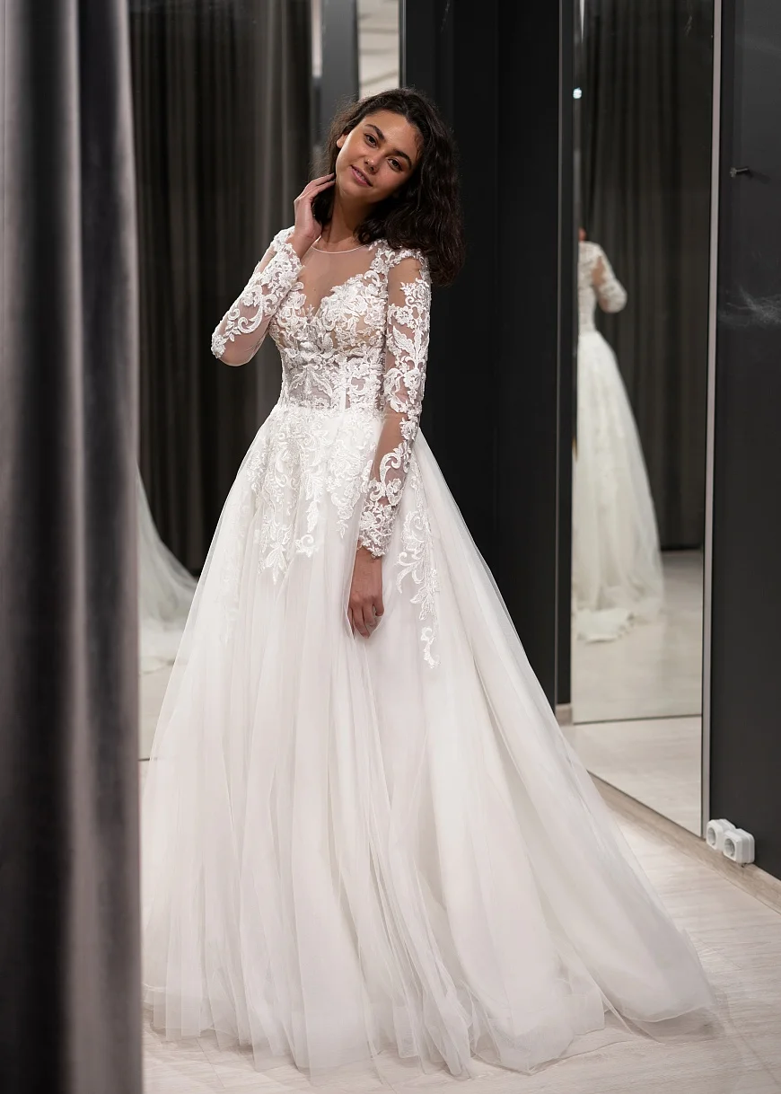 Белое/цвета слоновой кости свадебное платье vestido de noiva с длинными рукавами глубокой круглой декольте апплике Тюль А-силуэта Свадебные платья robe de mariee