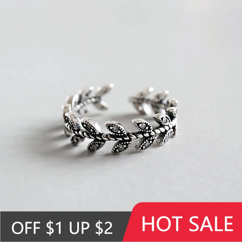 

POPACC 925 Sterling Silver Vintage Branch Leaf Zircon Thai Silver Ring Opening Ring For Women Jewelry Gift Dropshipping
