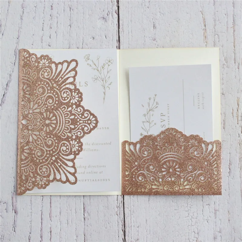 Glitter laser cut wedding invitations tri-fold pocket invitation 50pcs gold silver rose custom printing invite RSVP | Дом и сад