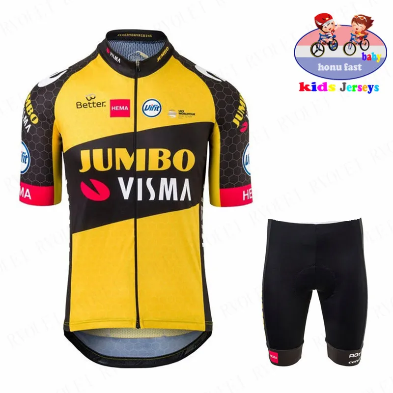 

Jumbo Visma 2022 Kid Cycling Jersey Set Breathable Shorts Fluorescent Green Children Bike Clothing Boy Girls Summer Bicycle Wear