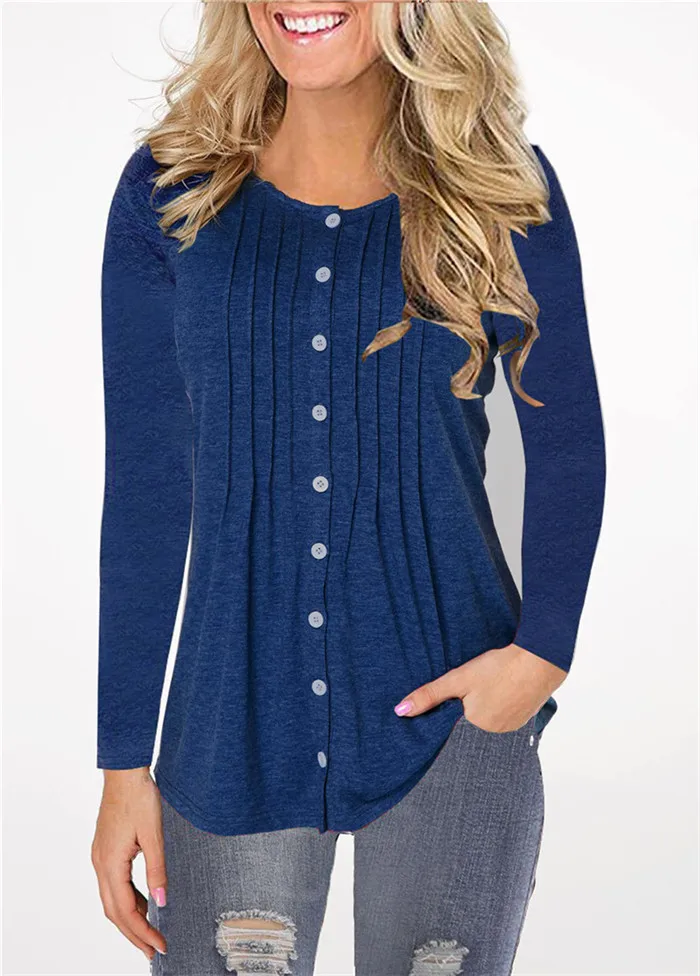 Navy blue Хлопок женский осенний кардиган с круглым вырезом футболка с длинным рукавом свободный досуг градиент feminina тройник женские топы плюс размер S-5XL - Цвет: Navy blue