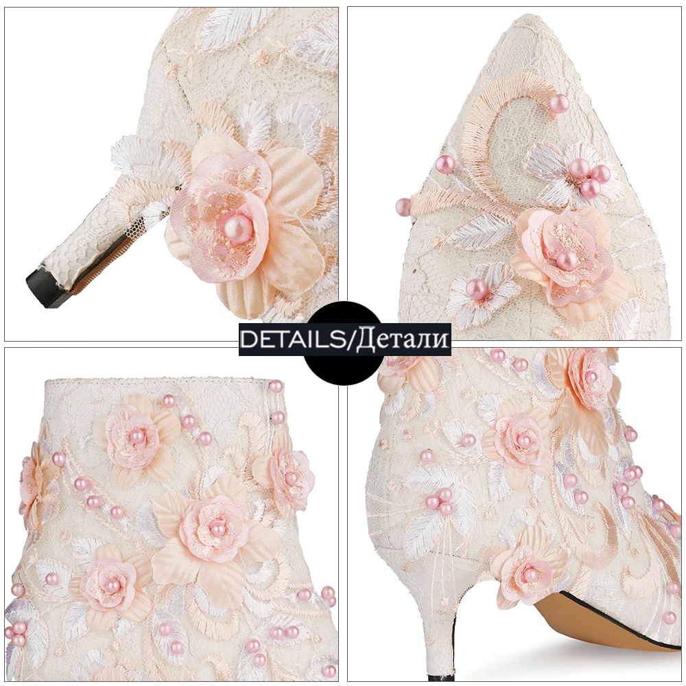 

WETKISS Party Shoes Ankle Boots Handmade Flower Pearl Wedding Shoes Women Lace Pointed Toe Thin Med Heels Booties Dress Big Size