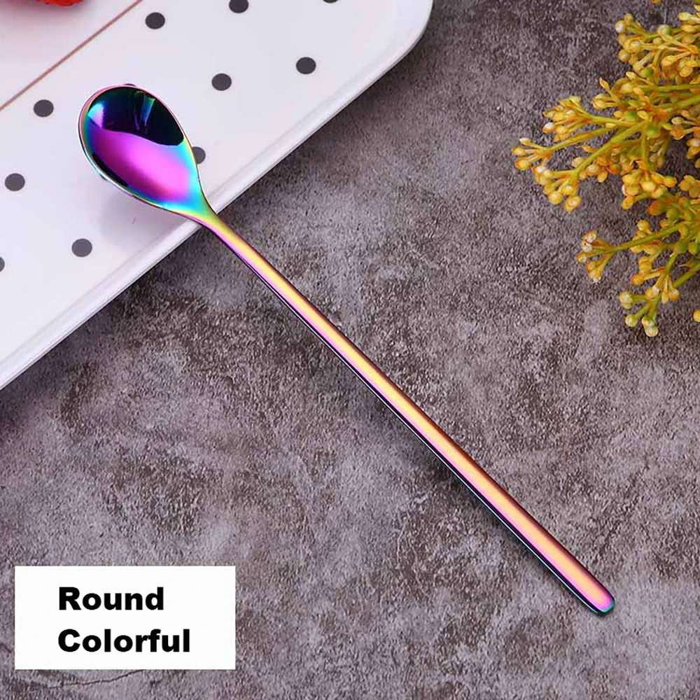 Round Colorful 304 Нержавеющая сталь Кофе ложка творческий покрытие льда ложка c длинной ручкой Чай ложки Кухня инструменты горячего питья столовые красочные - Цвет: Round Colorful