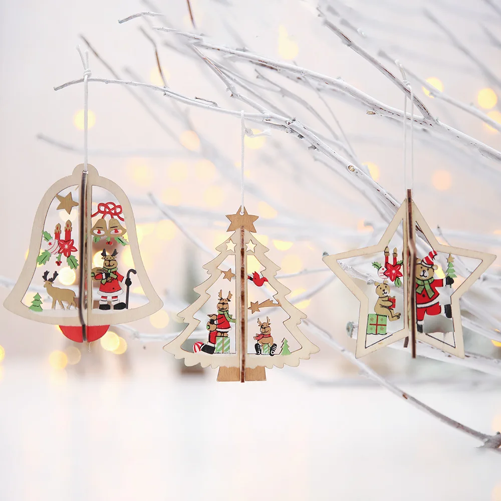 

Рождественское украшение, деревянные подвесные кулоны, звезда, Рождественская елка, колокольчик, рождественские украшения для дома, подаро...
