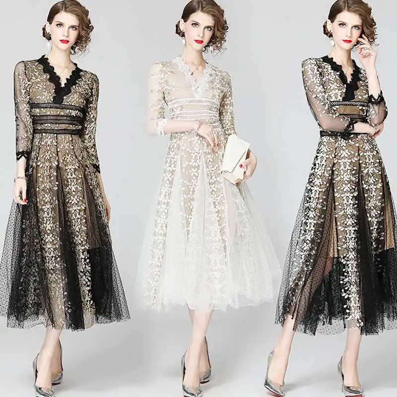 

Elegant Dress Summer New Chic Flower Mesh Embroidery V-neck Lace Dresses Charming High Waist Vintage Dress Robe Femme