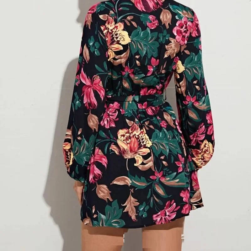 

Autumn floral print wrap dress robe asymetrique femme Women long sleeve v neck mini bodycon dress sukienka