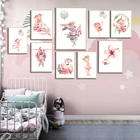 Скандинавский розовый цветной балетный постер с мультяшными цветами для девочек, кролик, кошка, животное, Картина на холсте, Настенная картина, декор для детской комнаты