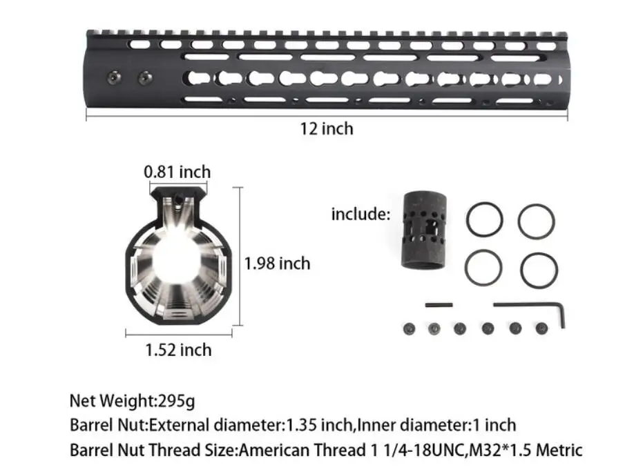 12 inch Black AR15 свободный поплавок тонкий стиль " 9" 1" 12" 13," 15" Keymod ствольная накладка Пикатинни рельс с стальная муфта ствола для крепления прицела - Цвет: 12 inch Black