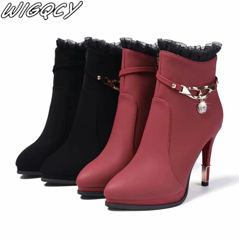 Женские теплые ботинки на очень высоком каблуке в западном стиле молнии с
