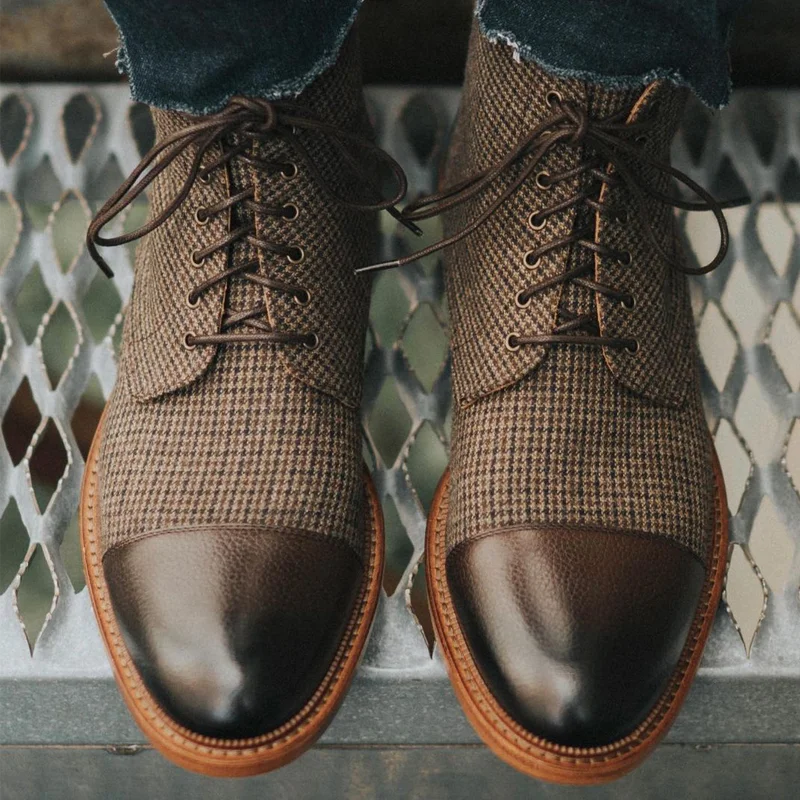 

New Men Shoes Handmade Brown PU Stitching Plaid Cloth Classic Round Toe Low-heel Lace-up Fashion British Dress Ankle Boots KR422