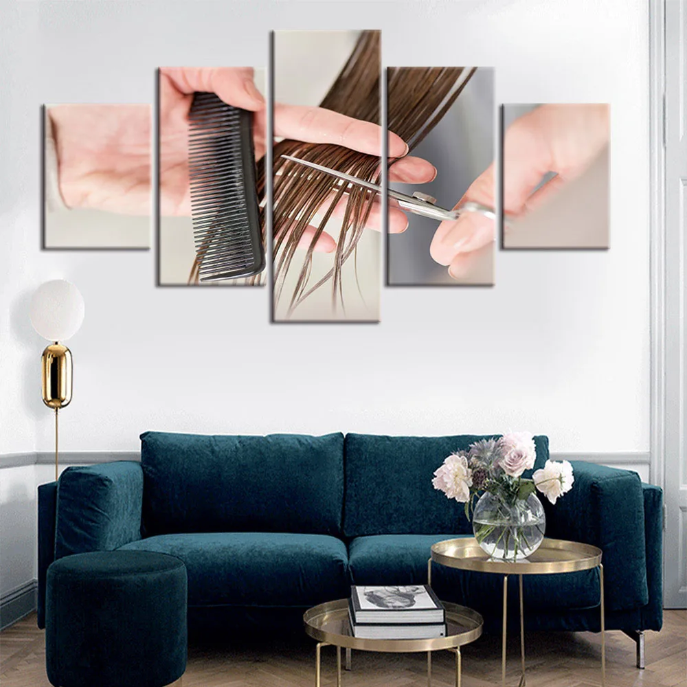

5 Panels Modern Wall Art Pictures Home Decor barber poster hair dressing hair salon posters HD Printed Painting Frame