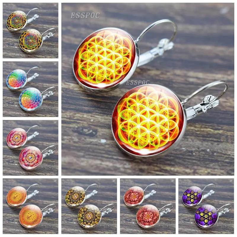 Серьги-кольца с узором мандалы стеклянные кабошон цветок жизни Мандала крючок