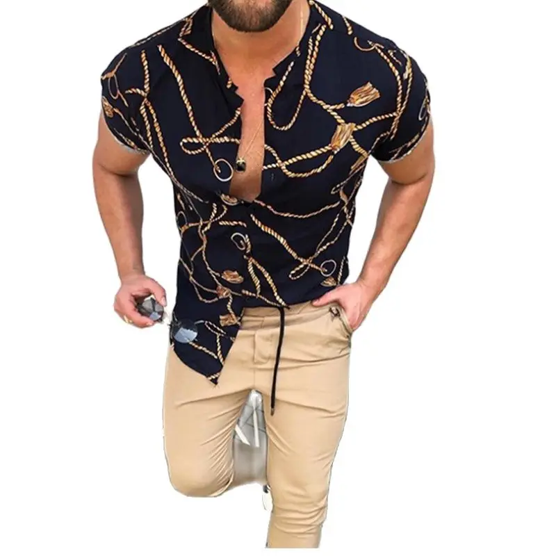 

Рубашка мужская с коротким рукавом, модная повседневная сорочка с воротником-стойкой, в стиле ретро, лето
