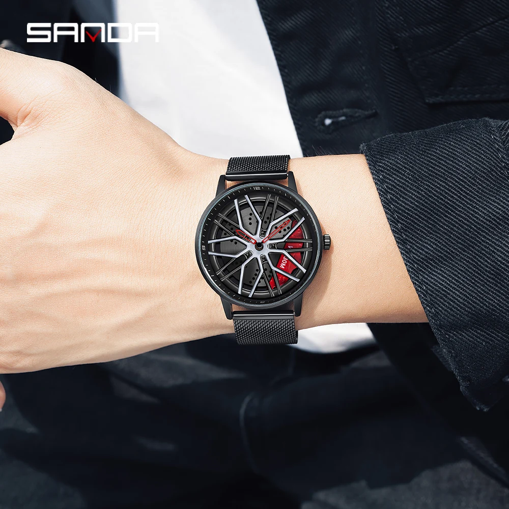 Sanda Black Leather Strap Watch for Men 2022 New Vintage Brand Luxury Sport Military Car Wheel Quartz Watch Steel Case Man Clock images - 6