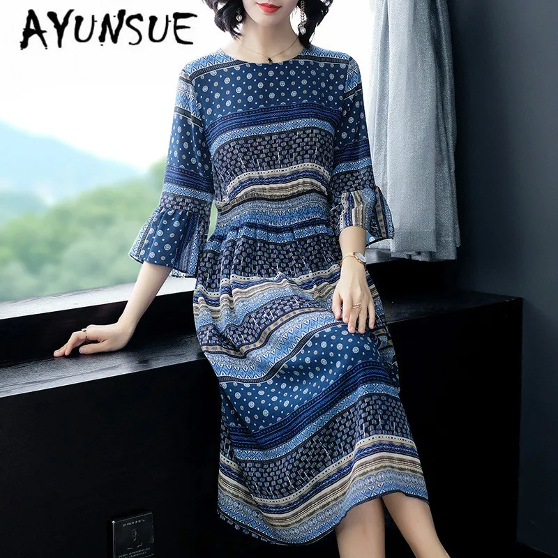 Summer Dress Women Real Silk Vintage Women Dresses Print  Midi Party Dress Elegant Beach Dress Vestido Mujer P8149 YY2550