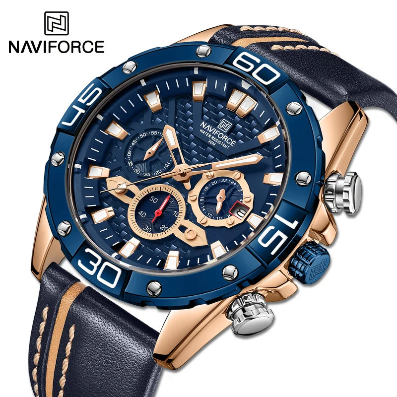 NAVIFORCE Top Brand Mens Watches Casual Fashion Leather Strap Luminous Date Display Chronograph Alarm Waterproof Male Wristwatch