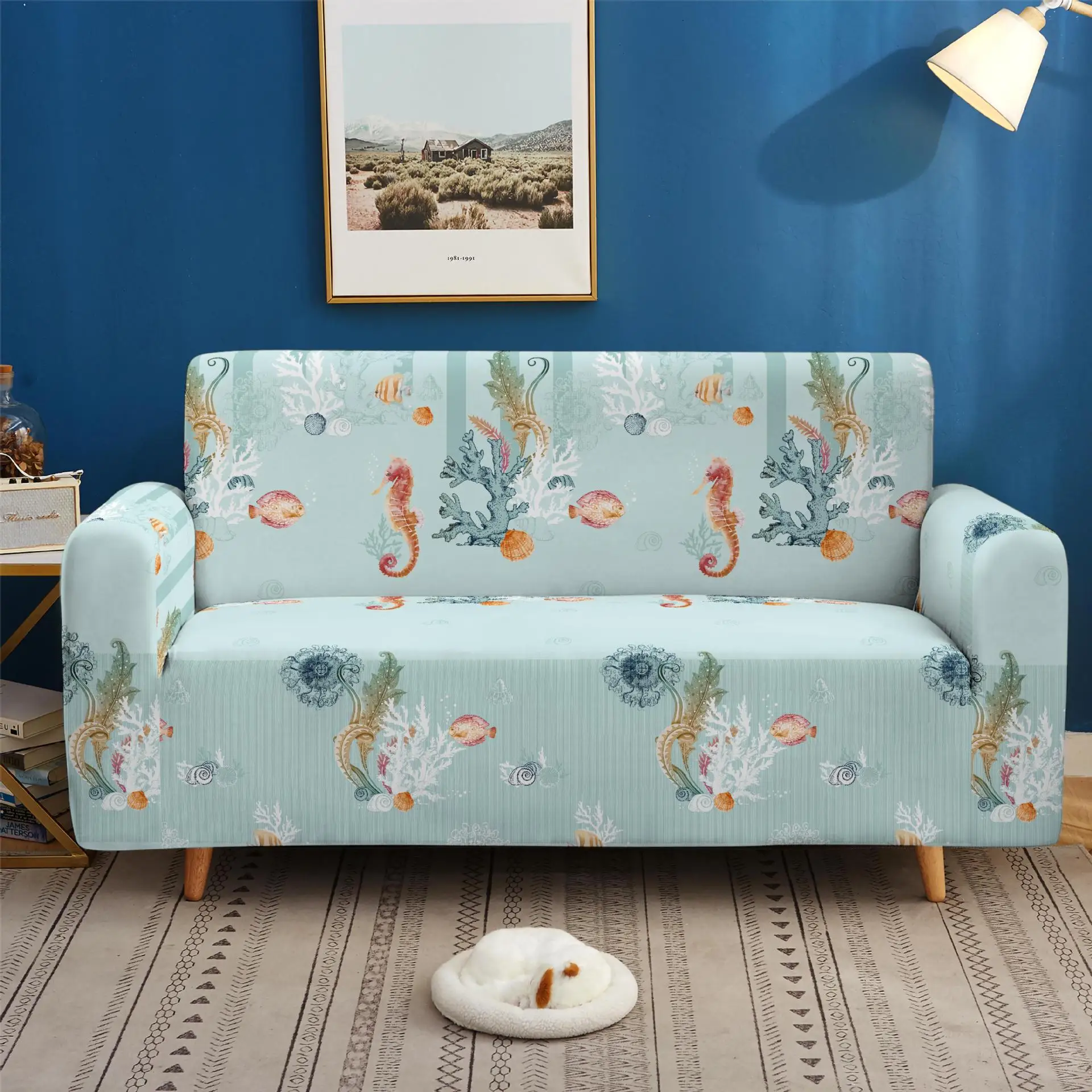 

Marine Life Small Fresh Style Dustproof Non-slip Elastic Living Room Corner Sofa Cover Modular Sofa 1/2/3/4 Seat Cover