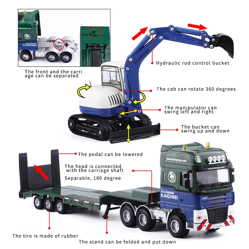 

1:50 Flatbed Trailer Loaded Truck Excavator Digger Loader Forklift Transporter Model Car Toys Gifts Zinc Alloy Made