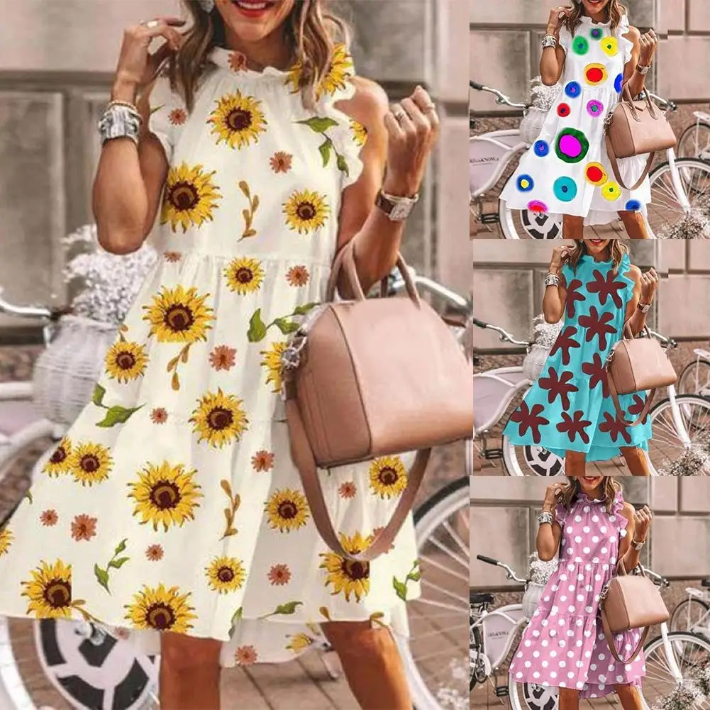 

Женское ТРАПЕЦИЕВИДНОЕ ПЛАТЬЕ МИДИ без рукавов с круглым вырезом и оборками по краям