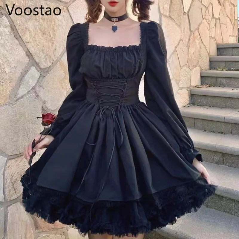 

Spring Autumn Gothic Lolita Dress Women Vintage Sweet Lace Y2K Party Evening Mini Dresses Female Korean White Princess Dress