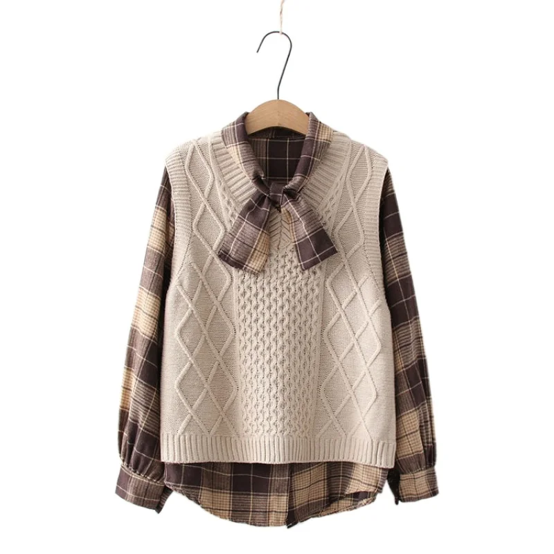 

Women 2 Piece Sets Clothing Long Sleeve Bow Collar Plaid Shirt And Sleeveless Knitted Vest 2021 Spring Korean Fashion Casual Set