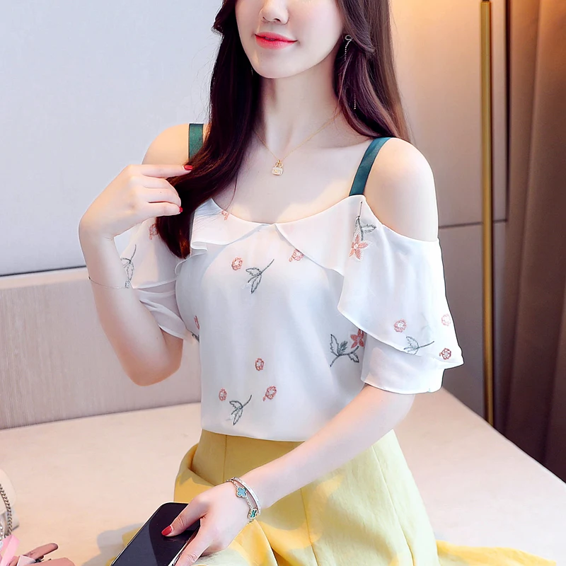 

Houthion Chiffon Shirts Women's Blouses New Casual Blouse Short-sleeved Sling Top Fashion Flowers Pullover Summer