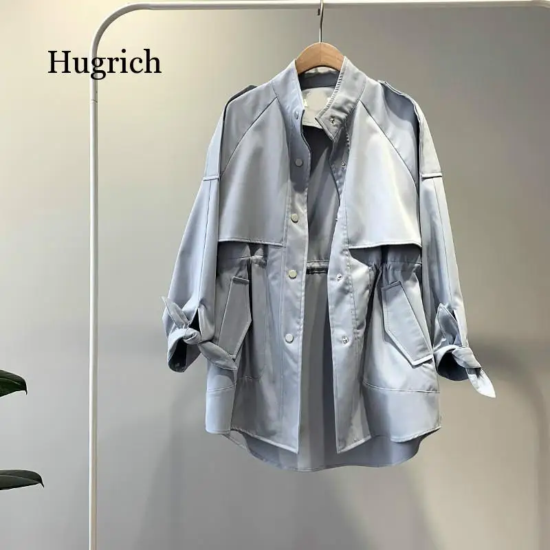 

Mid-Length Trench Coat Women Autumn Loose Windbreaker Drawstring Casual Stand Collar 2021 Spring Clothes Slim Waist Short