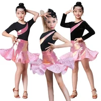 2021 latin dance costume for girls ballroom salsa tango skirts child lace mesh professional latin competition practice dancewear