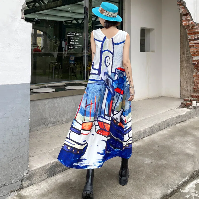 

SeeBeautiful Abstract Oil Painting Print Loose A-line Dress V-neck Sleeveless Simple New Fashion 2021 Summer Women E755