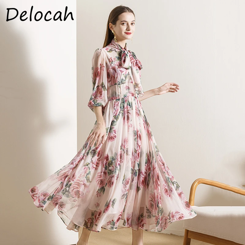 

Delocah летнее женское модное дизайнерское праздничное шифоновое платье миди с коротким рукавом и цветочным принтом, женские вечерние платья ...